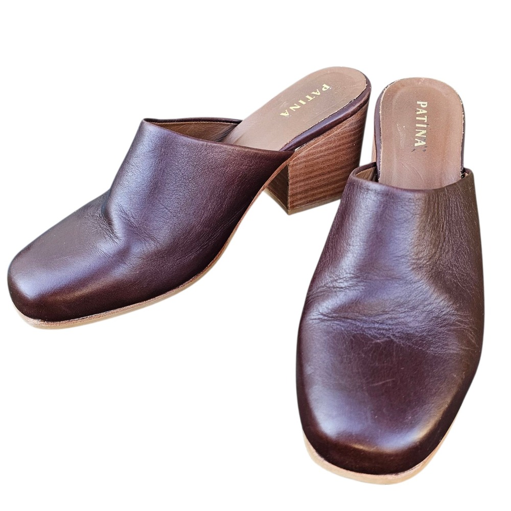 Portland Leather Patina Mules Clogs Heeled Stacked Heel Minimalist Classic US 11